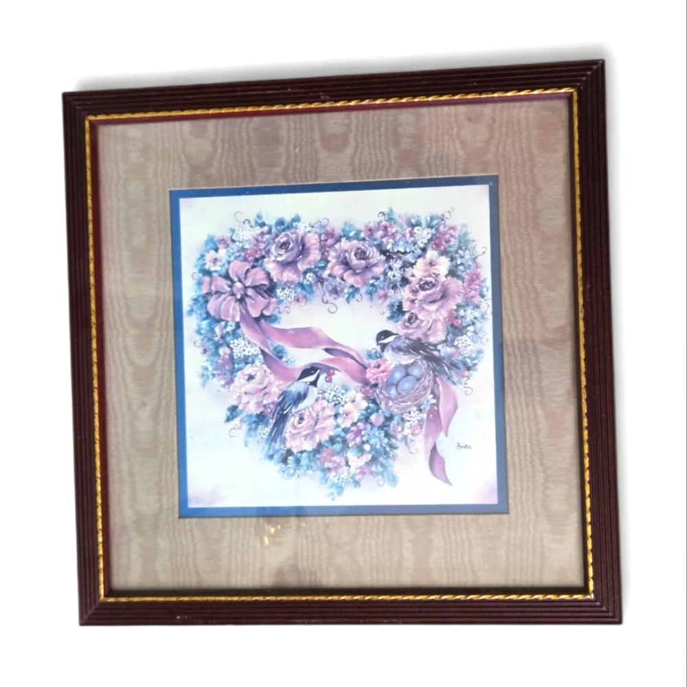 Vintage Home Interiors 90's Framed Heart Shape Floral Wreath Love Birds Wall Art